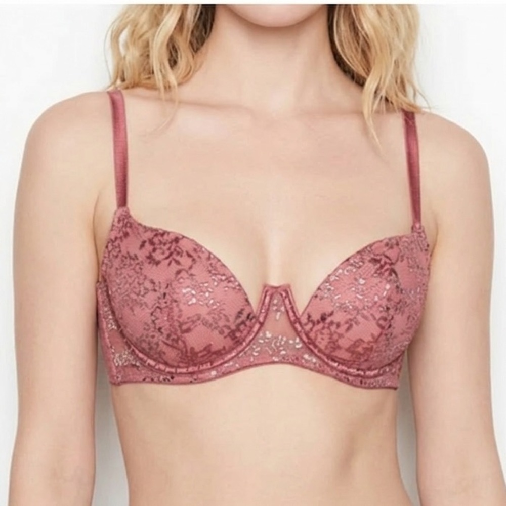VICTORIA'S SECRET VERY SEXY FLORAL METALLIC LACE PADDED STUDDED BALCONET BRA 32C